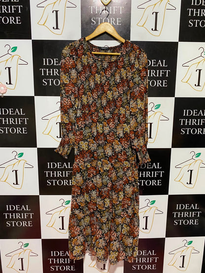ROMAN |M| BUST 14| A19| AUTUMNAL FLORAL SMOCKED LONG-SLEEVE MIDI DRESS