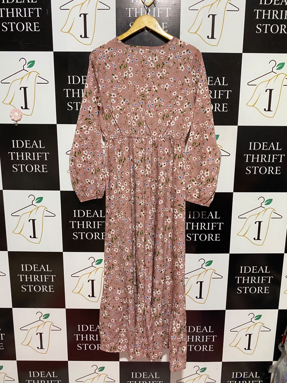 |L| BUST 19| A19| MAUVE PINK DAISY FLORAL LONG-SLEEVE MIDI DRESS