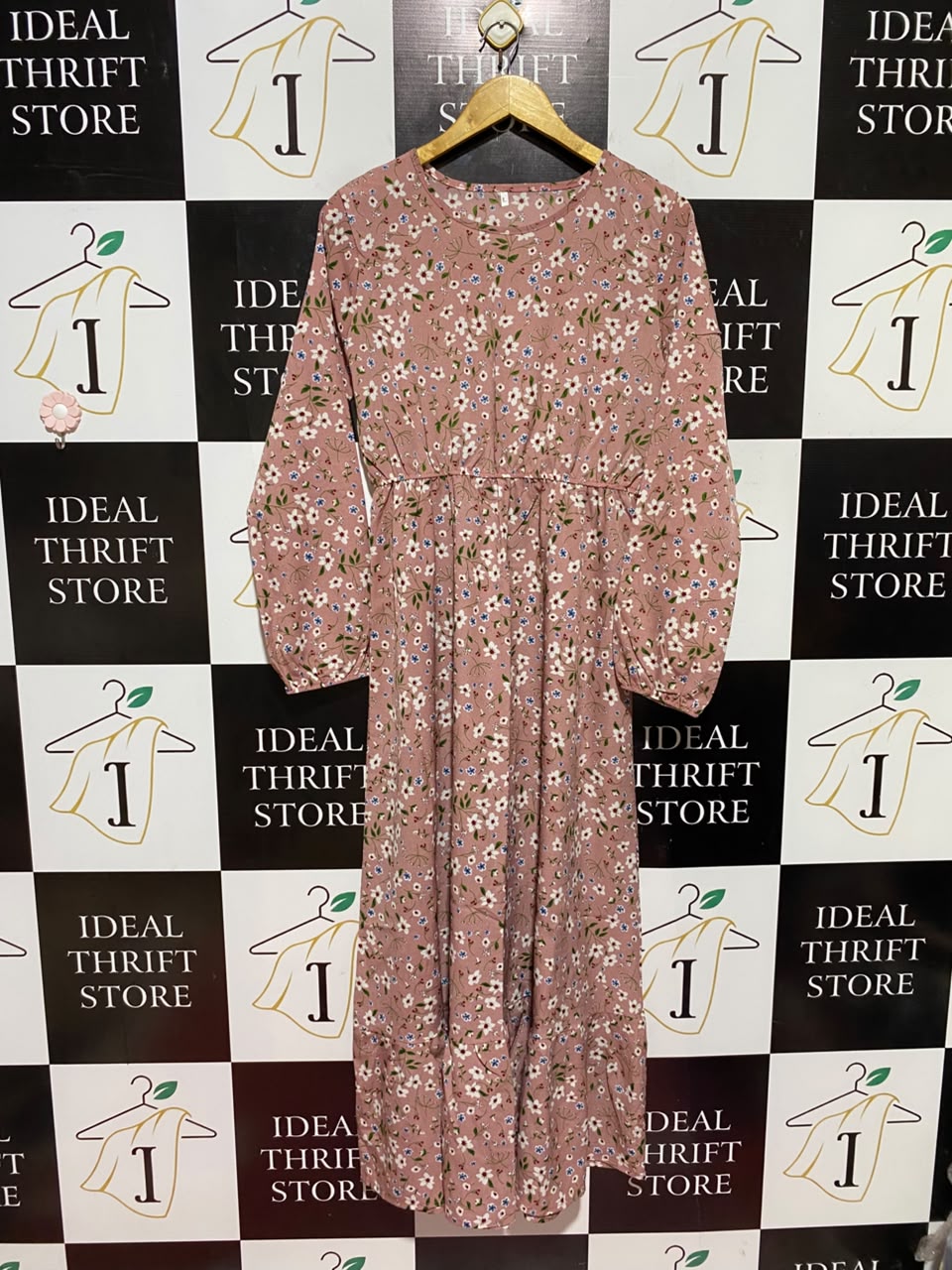 |L| BUST 19| A19| MAUVE PINK DAISY FLORAL LONG-SLEEVE MIDI DRESS