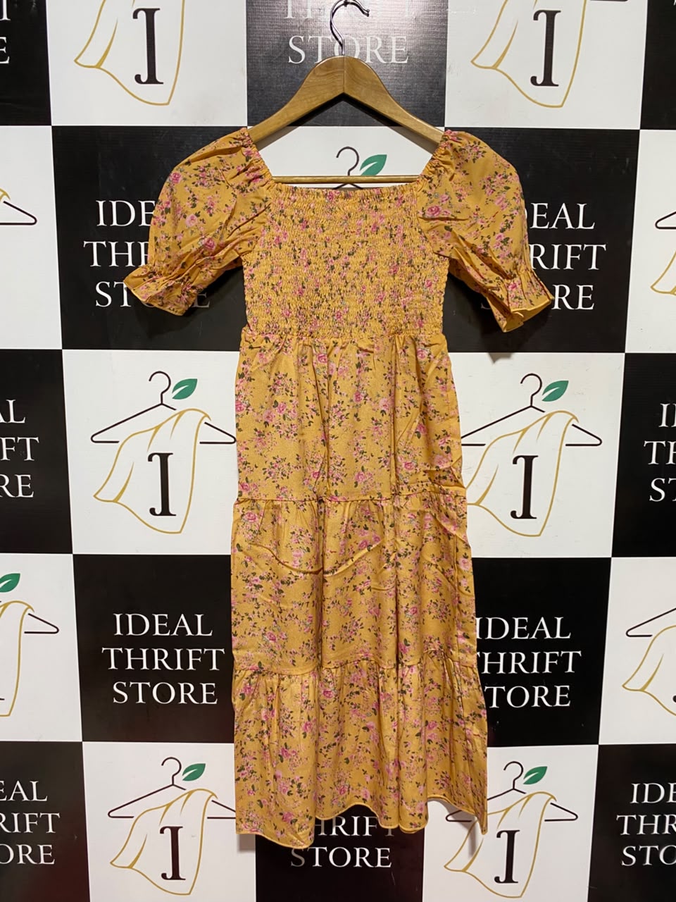 |L| BUST 22| A19| MUSTARD YELLOW DITSY FLORAL SMOCKED TIERED MIDI DRESS