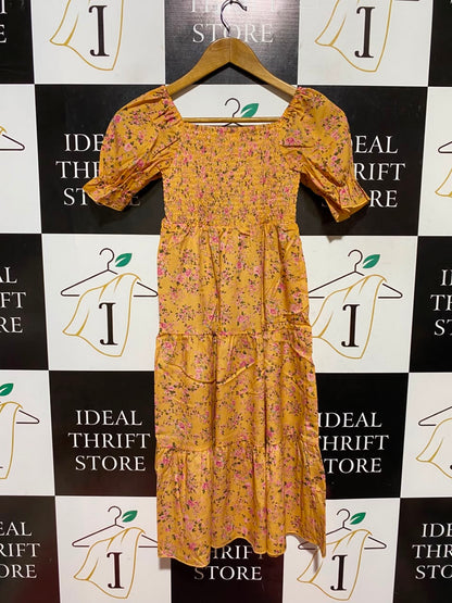 |L| BUST 22| A19| MUSTARD YELLOW DITSY FLORAL SMOCKED TIERED MIDI DRESS