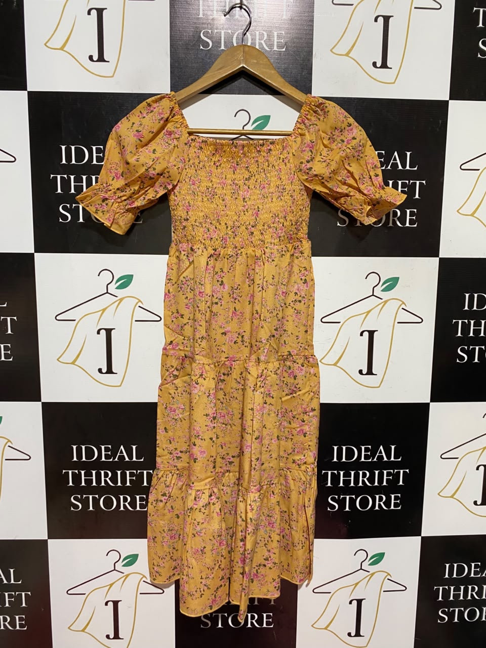 |L| BUST 22| A19| MUSTARD YELLOW DITSY FLORAL SMOCKED TIERED MIDI DRESS