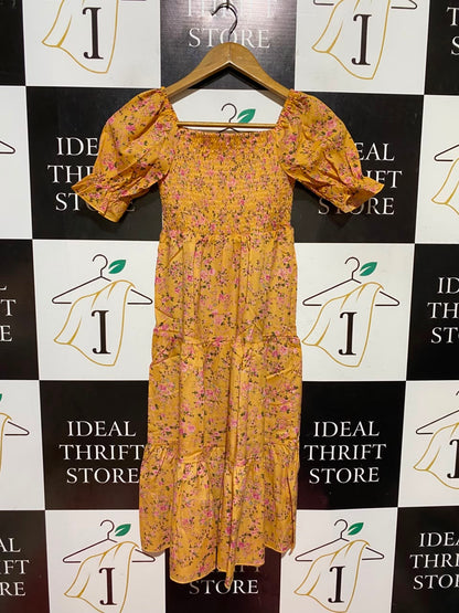 |L| BUST 22| A19| MUSTARD YELLOW DITSY FLORAL SMOCKED TIERED MIDI DRESS