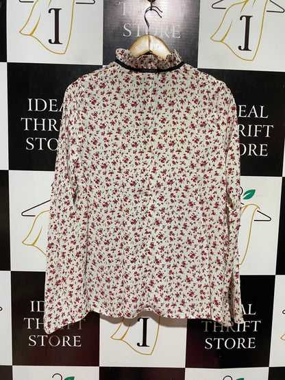 BECLOIMED VINTAGE |L| BUST 21| A19| CREAM AND RED DITSY FLORAL RUFFLE-NECK LONG-SLEEVE BLOUSE