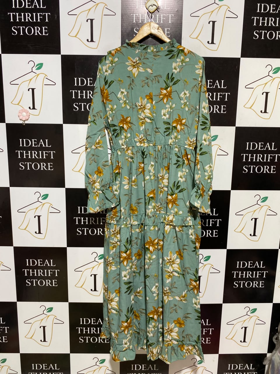 SHEIN |XXL| BUST 21| A19| SAGE GREEN FLORAL RUFFLE-TRIM LONG-SLEEVE MIDI DRESS
