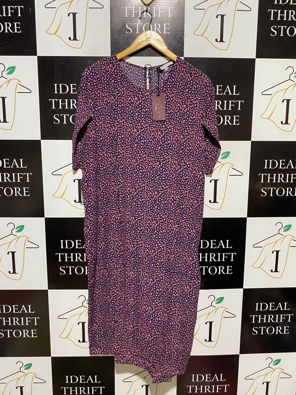 GRACE BYEDA |XL| BUST 23| A19| NAVY BLUE AND PINK ABSTRACT PEBBLE PRINT SHIFT DRESS