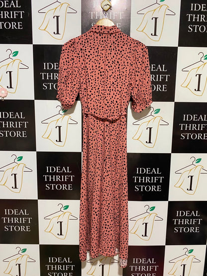 NEW LOOK |S| BUST 15| A19| CORAL AND BLACK DALMATIAN SPOT SHORT-SLEEVE SHIRT DRESS