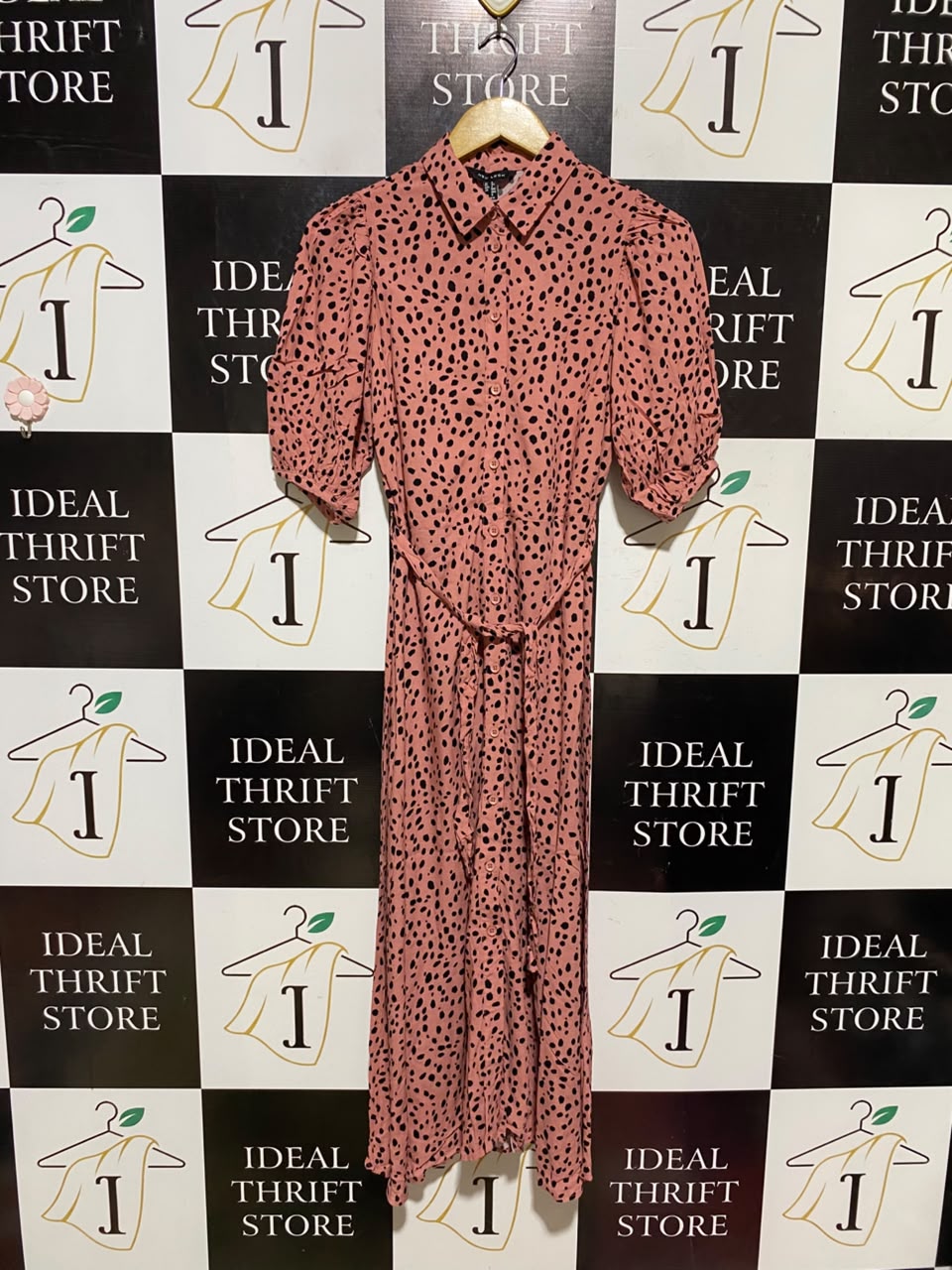 NEW LOOK |S| BUST 15| A19| CORAL AND BLACK DALMATIAN SPOT SHORT-SLEEVE SHIRT DRESS
