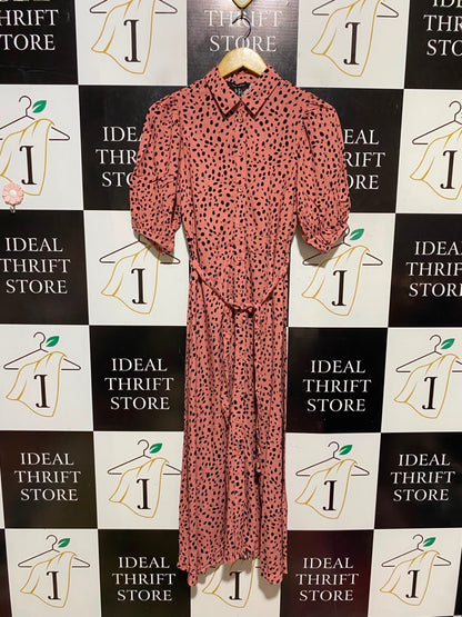 NEW LOOK |S| BUST 15| A19| CORAL AND BLACK DALMATIAN SPOT SHORT-SLEEVE SHIRT DRESS