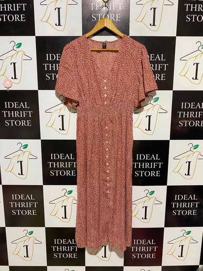 SHEIN CURVE |XL| BUST 18| A19| RUST RED DITSY FLORAL V-NECK BUTTON-FRONT MIDI DRESS