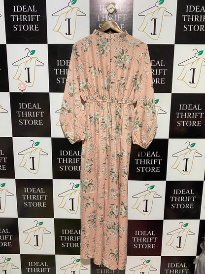 FENGJIN |XL| BUST 19| A19| BLUSH PINK FLORAL RUFFLE-NECK LONG-SLEEVE MIDI DRESS