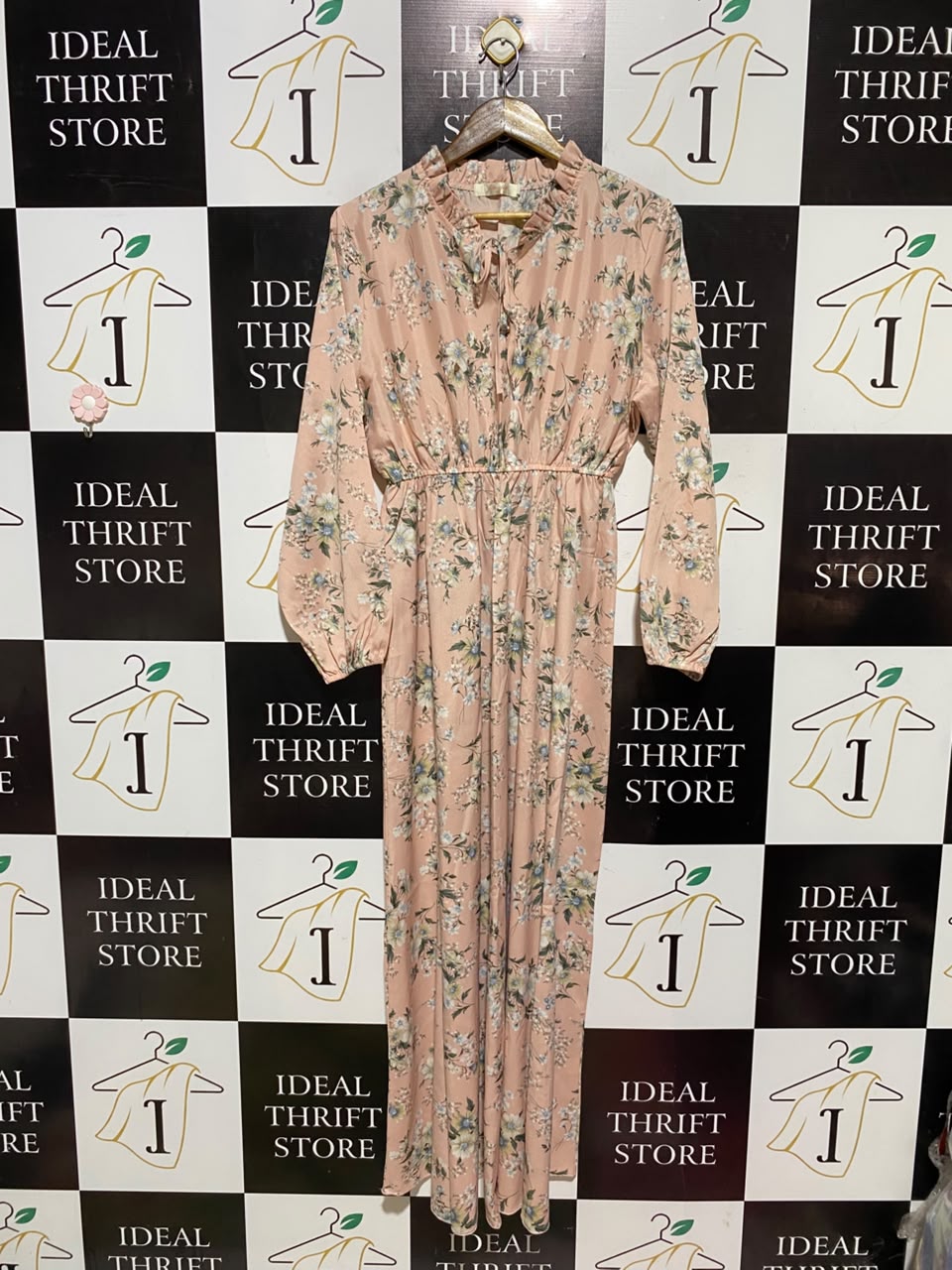 FENGJIN |XL| BUST 19| A19| BLUSH PINK FLORAL RUFFLE-NECK LONG-SLEEVE MIDI DRESS
