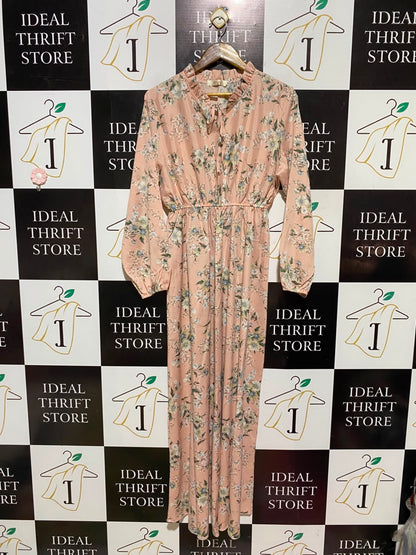 FENGJIN |XL| BUST 19| A19| BLUSH PINK FLORAL RUFFLE-NECK LONG-SLEEVE MIDI DRESS