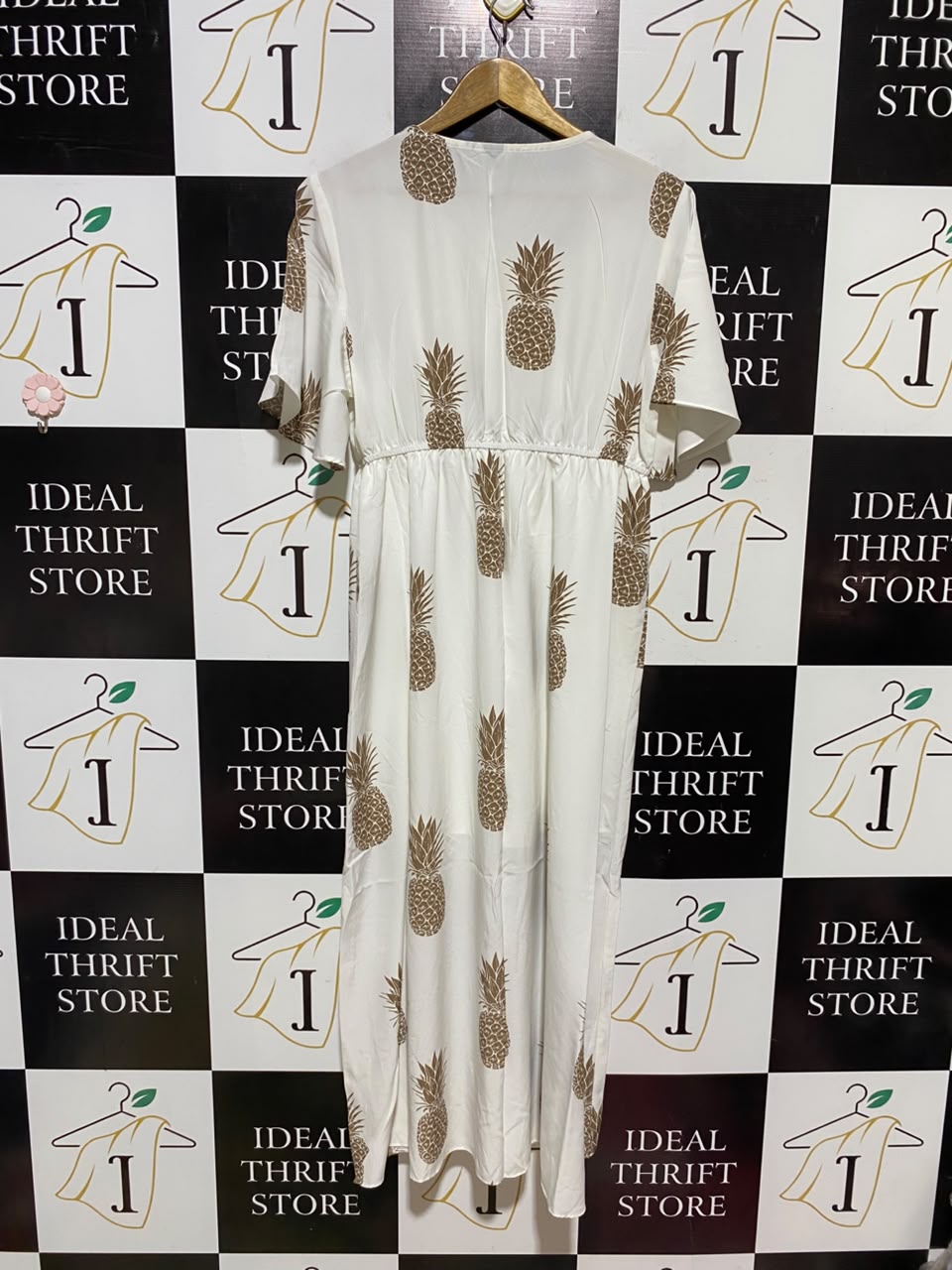 SHEIN |XL| BUST 19| A19| WHITE AND BROWN PINEAPPLE PRINT V-NECK SHORT-SLEEVE MIDI DRESS