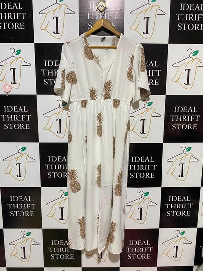 SHEIN |XL| BUST 19| A19| WHITE AND BROWN PINEAPPLE PRINT V-NECK SHORT-SLEEVE MIDI DRESS