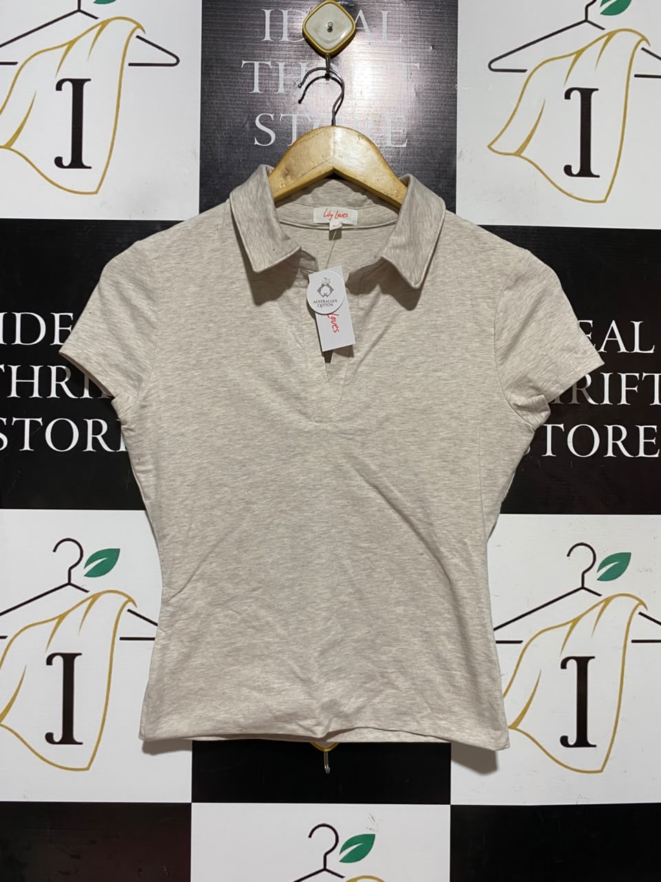 LILY LOVES |XS| BUST 15| A18| OATMEAL MARLED COTTON COLLARED V-NECK TOP