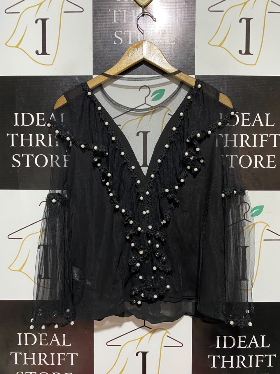 FOREVER UNIQUE |M| BUST 17| A18| BLACK SHEER PEARL-EMBELLISHED RUFFLE LONG-SLEEVE TOP