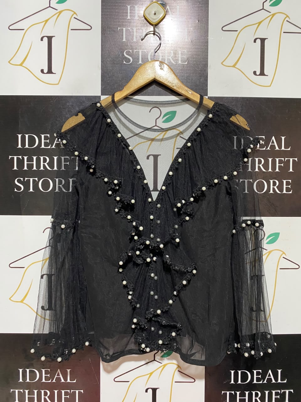 FOREVER UNIQUE |M| BUST 17| A18| BLACK SHEER PEARL-EMBELLISHED RUFFLE LONG-SLEEVE TOP