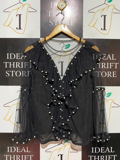 FOREVER UNIQUE |M| BUST 17| A18| BLACK SHEER PEARL-EMBELLISHED RUFFLE LONG-SLEEVE TOP