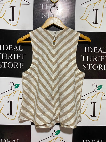 PETITES |M| BUST 18| A18| BEIGE AND WHITE STRIPED CHEVRON SLEEVELESS LINEN TOP