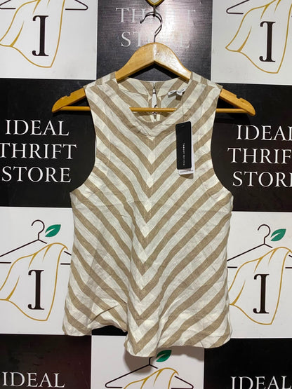 PETITES |M| BUST 18| A18| BEIGE AND WHITE STRIPED CHEVRON SLEEVELESS LINEN TOP