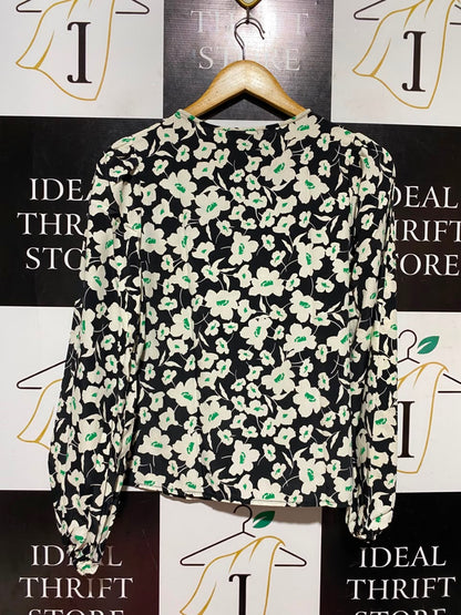 PEACOCKS |S| BUST 18| A18| BLACK AND OFF-WHITE FLORAL TIE-NECK LONG-SLEEVE BLOUSE