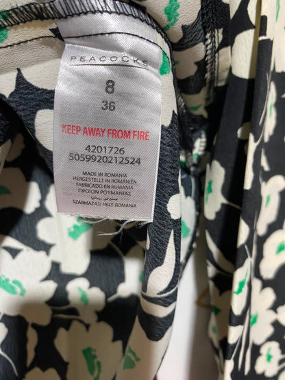 PEACOCKS |S| BUST 18| A18| BLACK AND OFF-WHITE FLORAL TIE-NECK LONG-SLEEVE BLOUSE