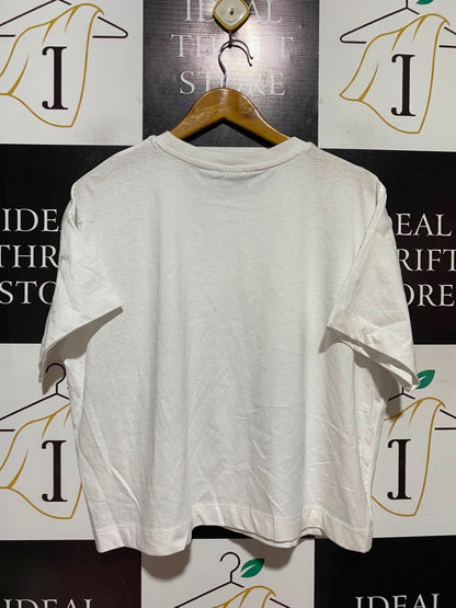 PETITES |XL| BUST 23| A18| WHITE SEQUIN BOW GRAPHIC COTTON T-SHIRT