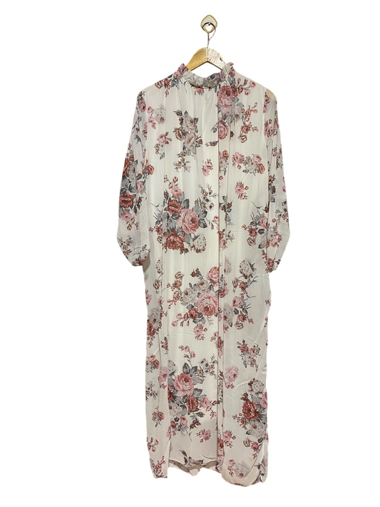 |XL| BUST 24| A19| WHITE AND PINK VINTAGE ROSE PRINT RUFFLE-COLLAR LONG DRESS