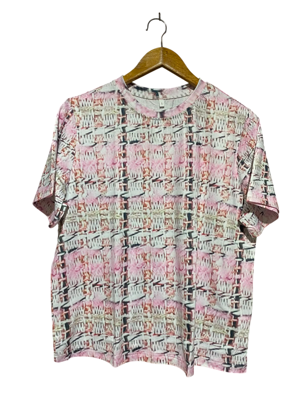 |L| BUST 21| A19| PINK AND WHITE PLAID TWEED-PRINT SHORT SLEEVE T-SHIRT