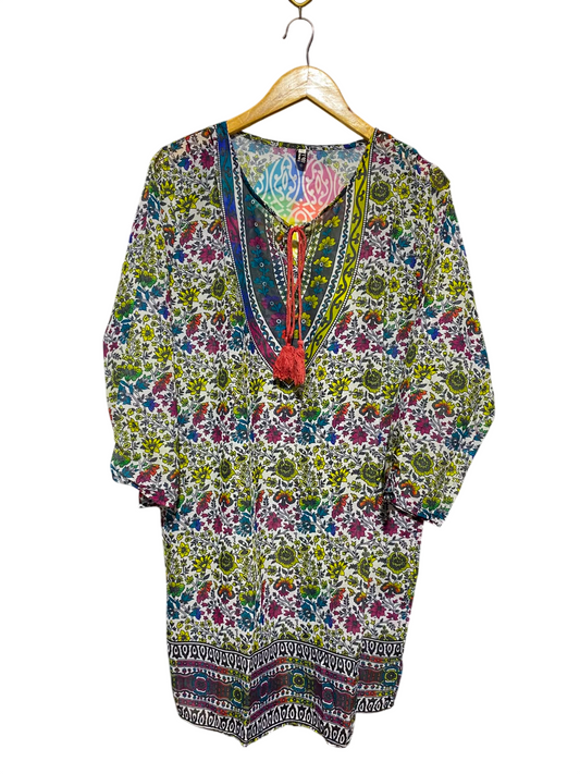 |XL| BUST 23| A19| MULTICOLOR BOHEMIAN FLORAL TIE-NECK TUNIC DRESS