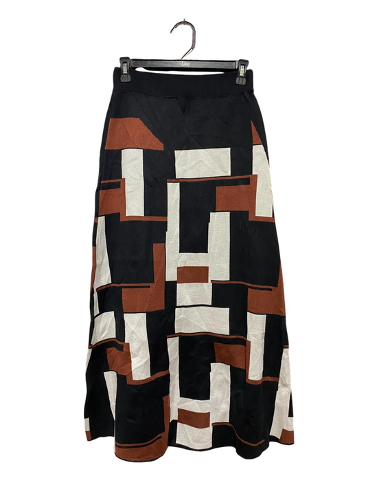 TOMS  PROJECT |S| WAIST 26| A19| BLACK, WHITE AND BROWN GEOMETRIC PATTERN KNIT MIDI SKIRT