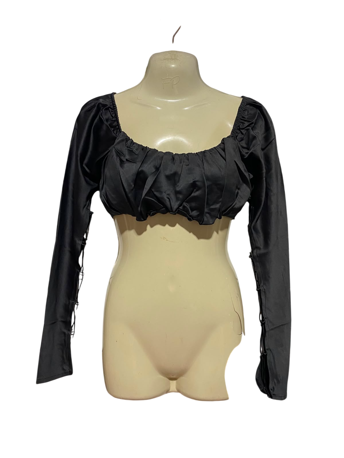 MADE IN MOROCCO |M| BUST 16| A19| BLACK SATIN OFF-SHOULDER RUCHED LONG SLEEVE CROP TOP