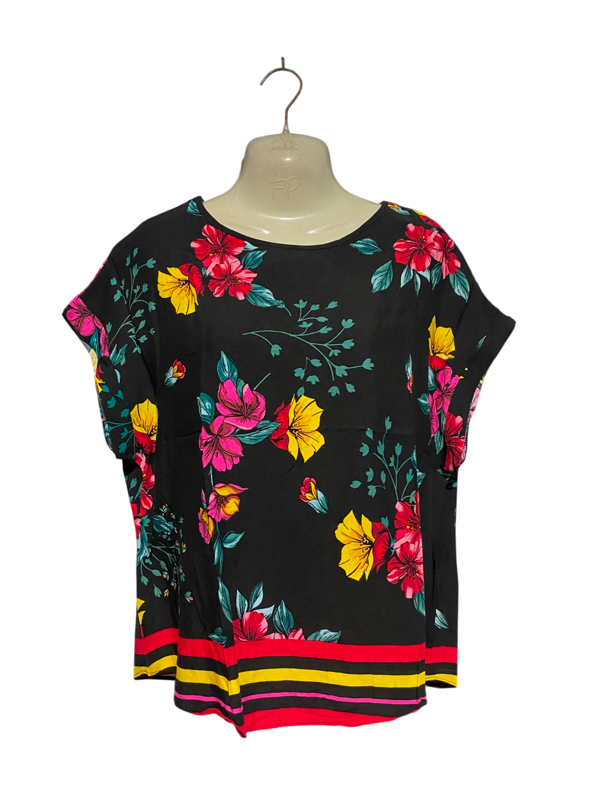PEACOCKS |M|  BUST 21| A19| BLACK MULTICOLOR FLORAL PRINT SHORT SLEEVE TOP
