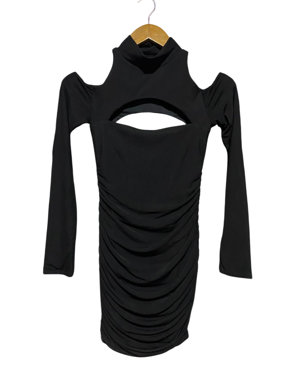 OH POLLY |XS| BUST 13| A1| BLACK MOCK NECK COLD SHOULDER RUFFLED BODYCON DRESS