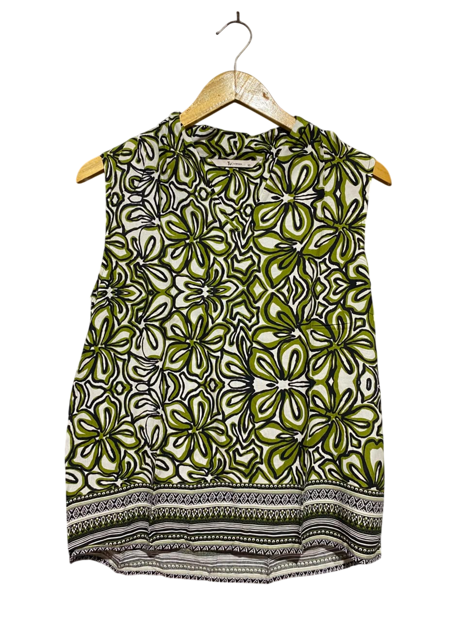 TU WOMAN |M| BUST 18| A1| OLIVE GREEN AND WHITE FLORAL PRINT SLEEVELESS TOP