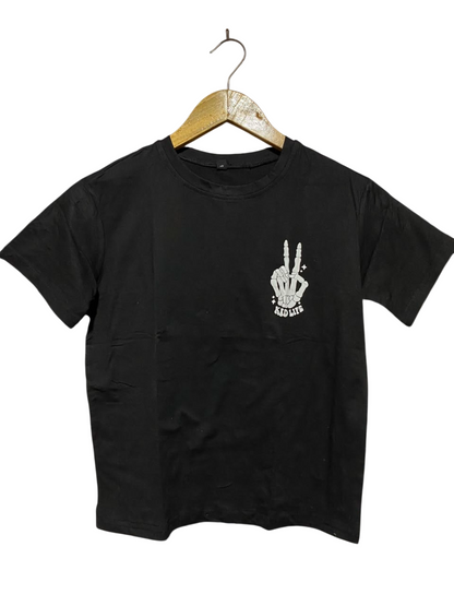 |XS| BUST 16| A1| BLACK "KID LIFE" SKELETON HAND PEACE SIGN T-SHIRT