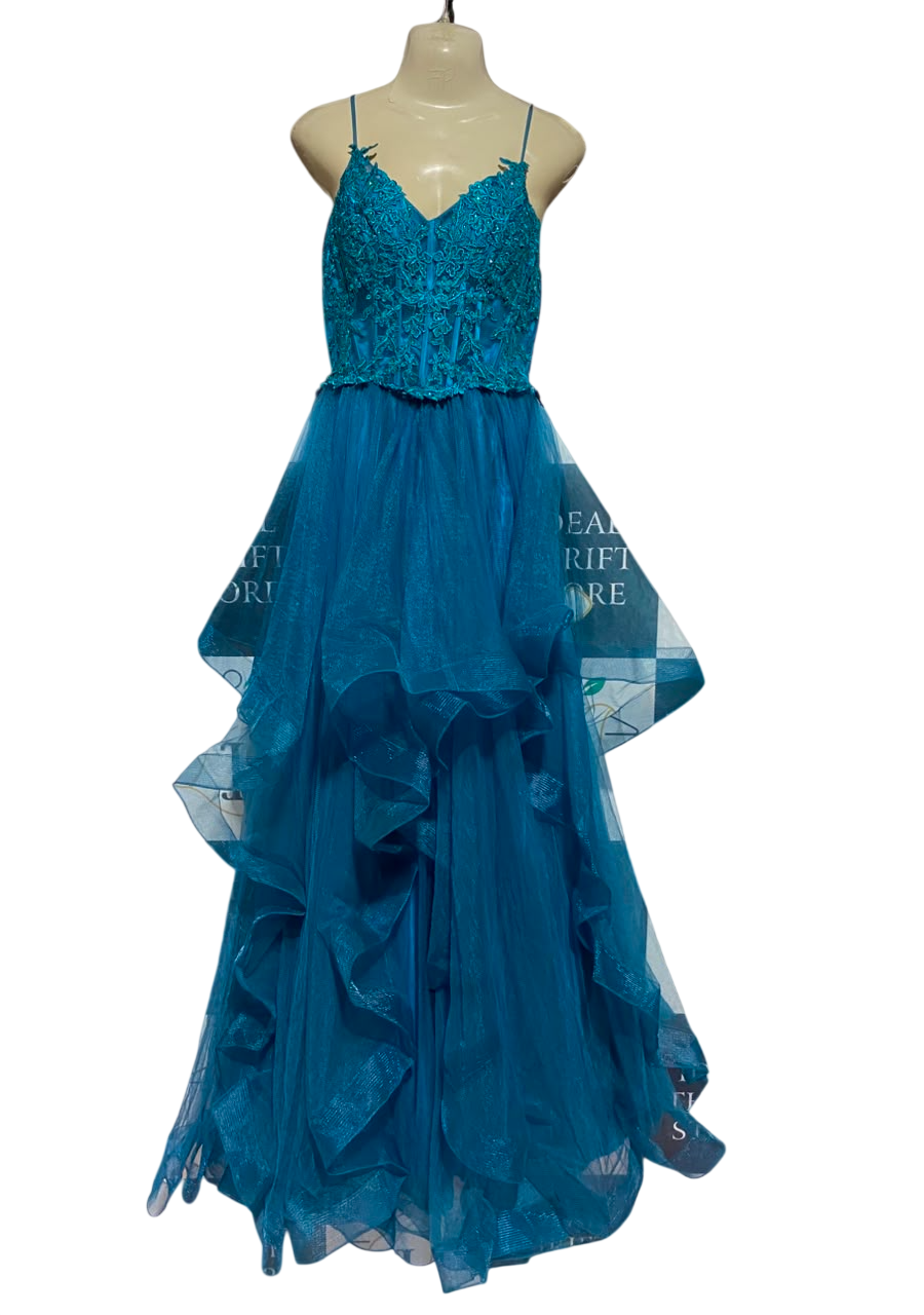 SIGNATURE COLLECTION |S| BUST 18| B46| TEAL LACE EMBELLISHED TIERED RUFFLE GOWN