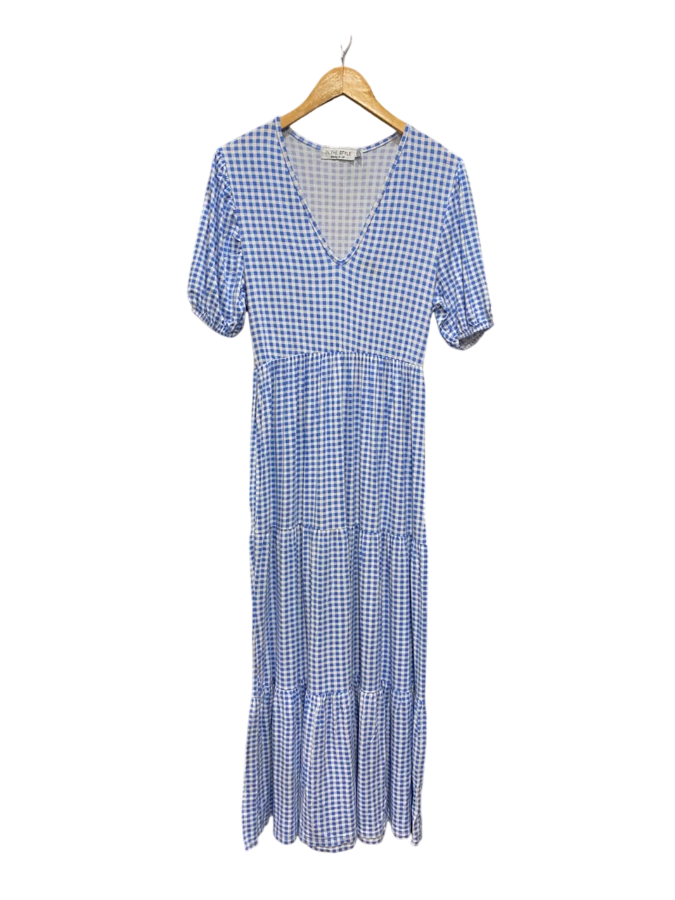 IN THE STYLE |S| BUST 16| A20| BLUE AND WHITE GINGHAM CHECK V-NECK TIERED MIDI DRESS