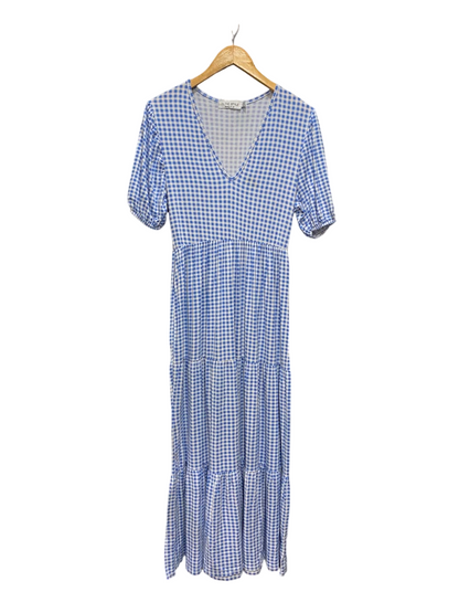 IN THE STYLE |S| BUST 16| A20| BLUE AND WHITE GINGHAM CHECK V-NECK TIERED MIDI DRESS
