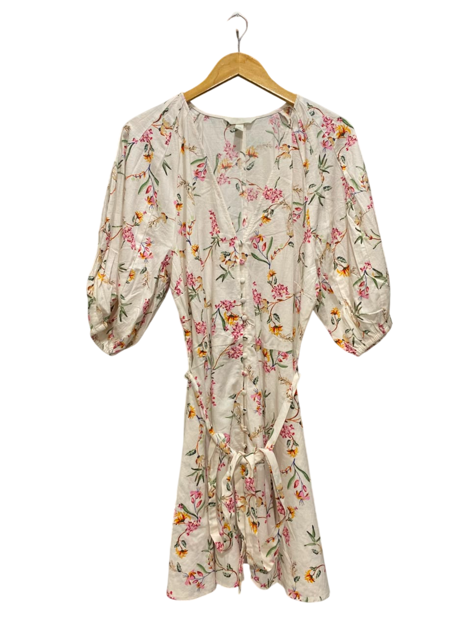 H&M |XL| BUST 21| A20| CREAM AND PINK FLORAL PRINT BUTTON-FRONT MIDI DRESS