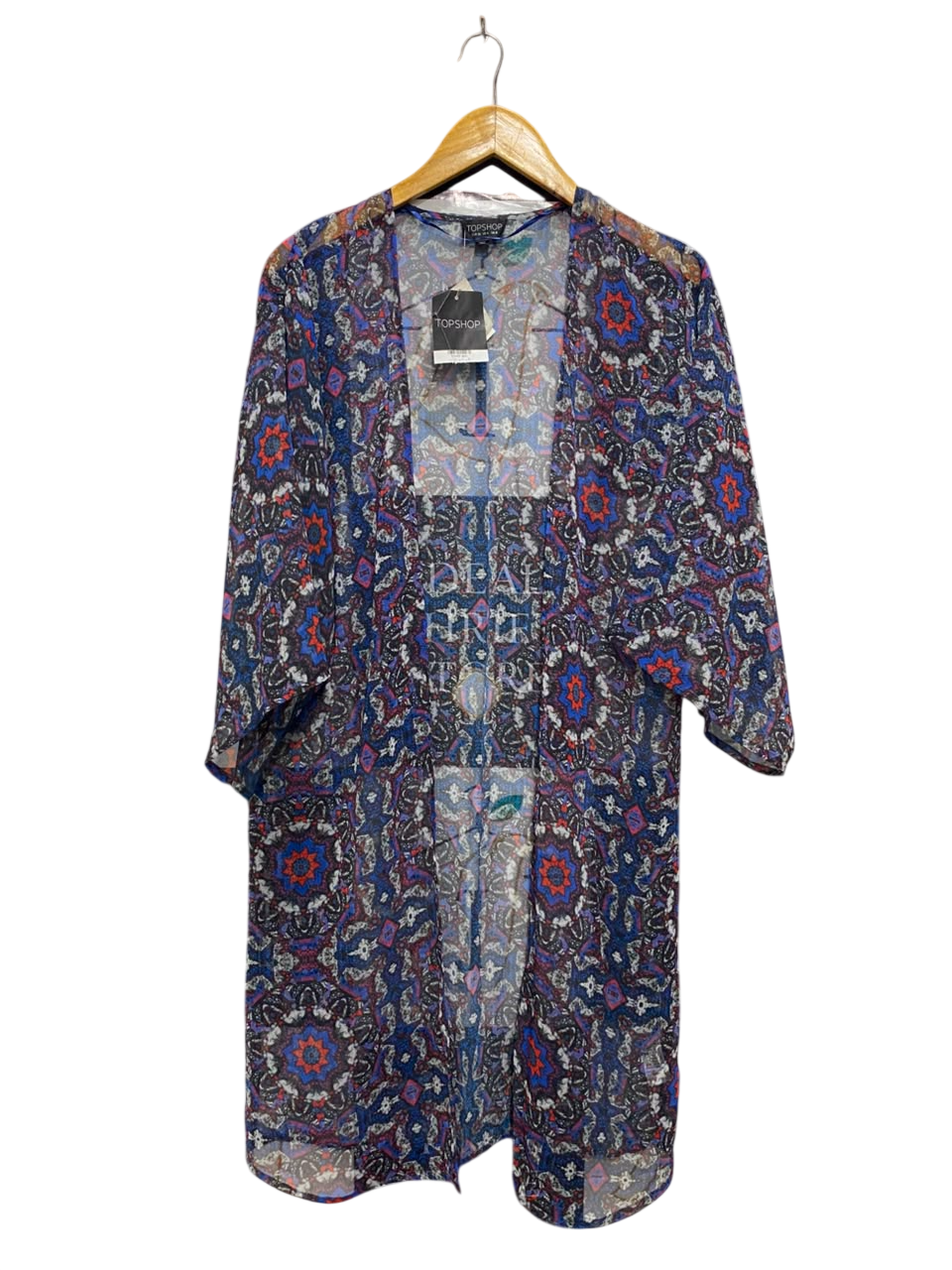 TOP SHOP |S| BUST 20| A20| BLUE AND RED GEOMETRIC MANDALA PRINT KIMONO CARDIGAN