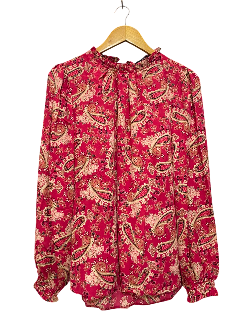 DUNNES |L| BUST 22| A20| PINK PAISLEY PRINT RUFFLE NECK LONG SLEEVE BLOUSE