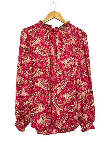 DUNNES |L| BUST 22| A20| PINK PAISLEY PRINT RUFFLE NECK LONG SLEEVE BLOUSE