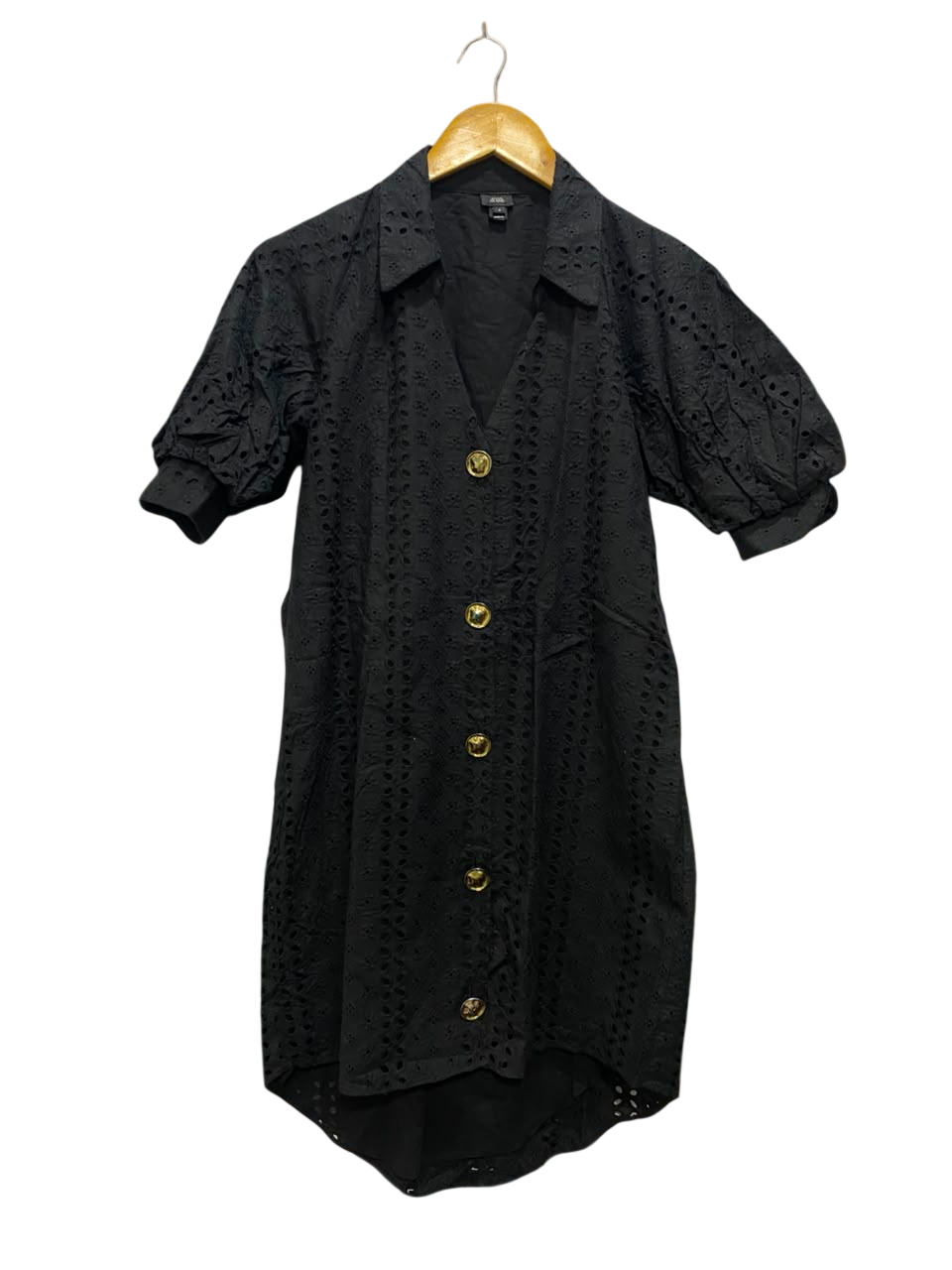 RIVER ISLAND |S| BUST 19| A20| BLACK EYELET EMBROIDERY BUTTON-UP SHIRT DRESS
