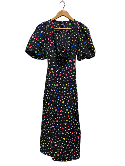 NEW LOOK |S| BUST 15| A20| BLACK MULTICOLOR SPOT PRINT PUFF SLEEVE MIDI DRESS