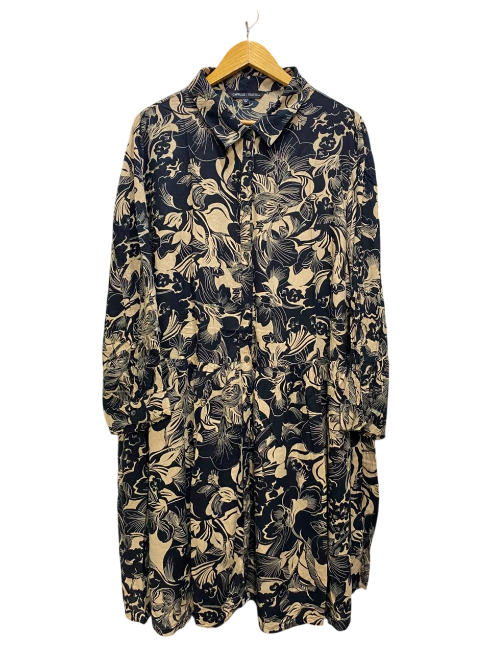 CAPSULE |L| BUST 19| A20| NAVY BLUE AND BEIGE FLORAL PRINT BUTTON-DOWN SHIRT DRESS