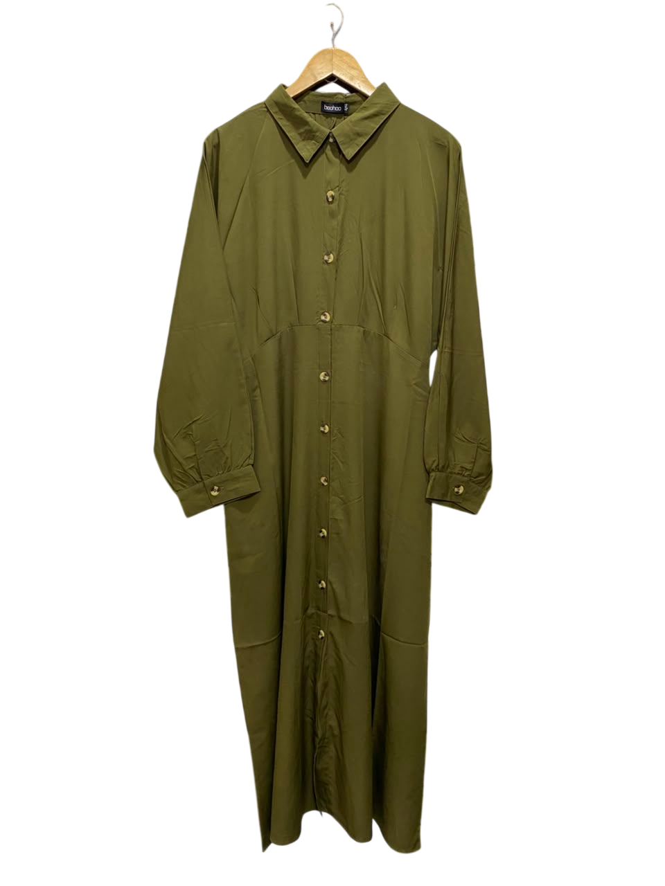 BOOHOO |L| BUST FREE| A20| OLIVE GREEN BUTTON-DOWN LONG SLEEVE SHIRT DRESS