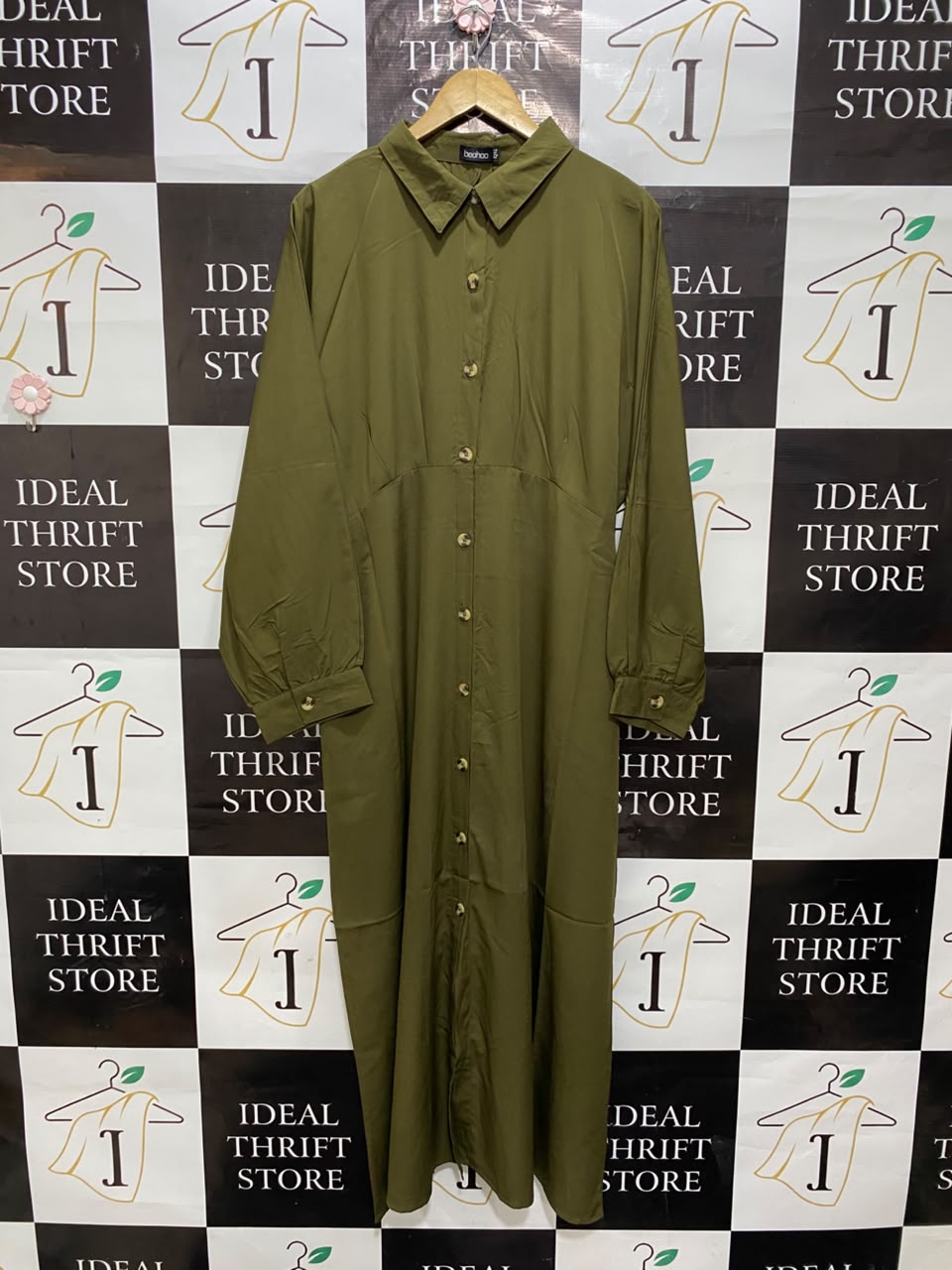 BOOHOO |L| BUST FREE| A20| OLIVE GREEN BUTTON-DOWN LONG SLEEVE SHIRT DRESS