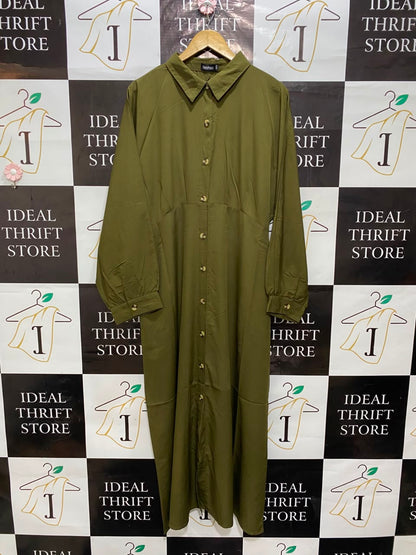 BOOHOO |L| BUST FREE| A20| OLIVE GREEN BUTTON-DOWN LONG SLEEVE SHIRT DRESS